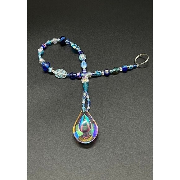 Beaded Suncatcher - Blue - Clear Crystal Prism - Indoor Outdoor Hanging Decor - Picture 4 of 14